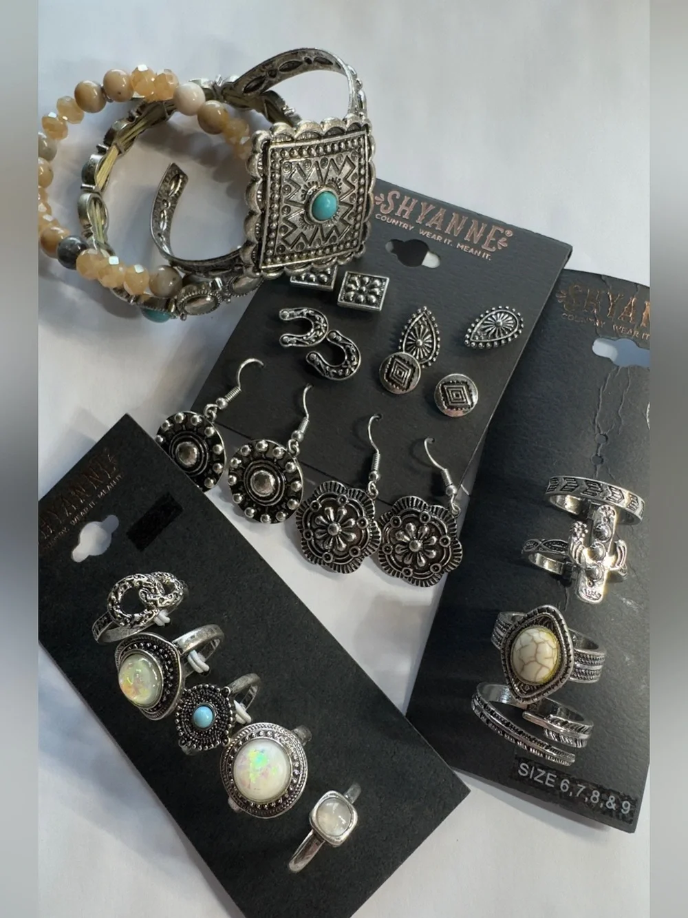 Shyanne Silver-Tone Rings & Earrings Set with Turquoise and Cream Accent